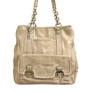 Coach Poppy Camellia Pushlock Light Gray Leather Large Shoulder Tote Handbag